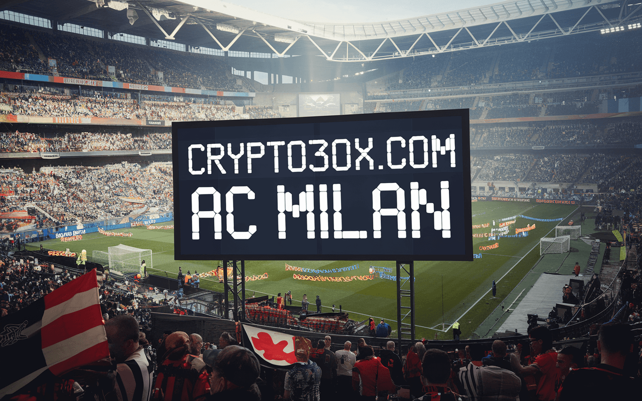 Crypto30x.com AC Milan displayed on the giant stadium scoreboard at a packed AC Milan match
