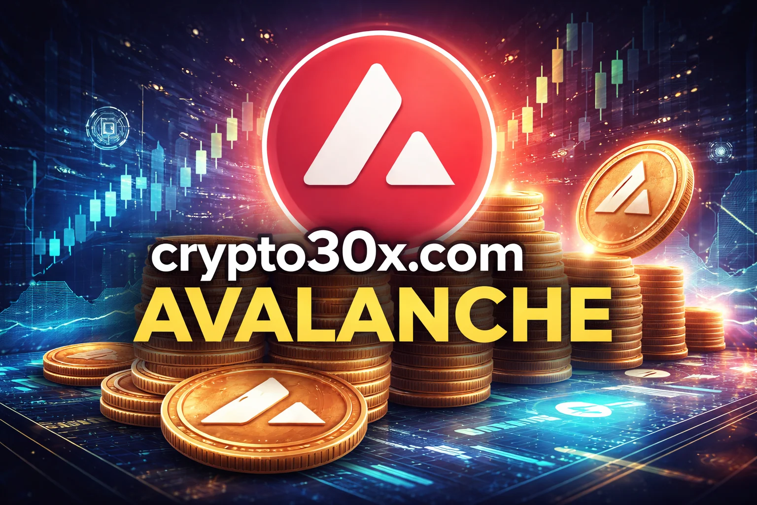crypto30x.com avalanche: AVAX logo, golden coins, and trading charts on blockchain backdrop.