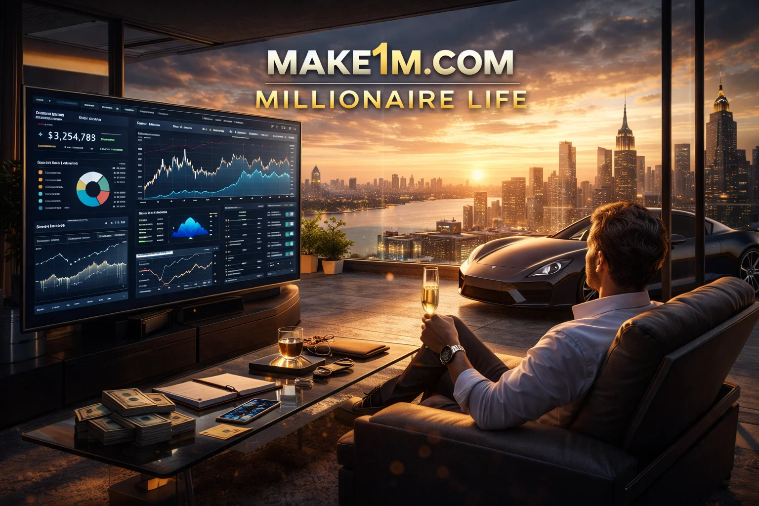 Make1m.com millionaire lifestyle – success dashboard, supercar, and sunset skyline view