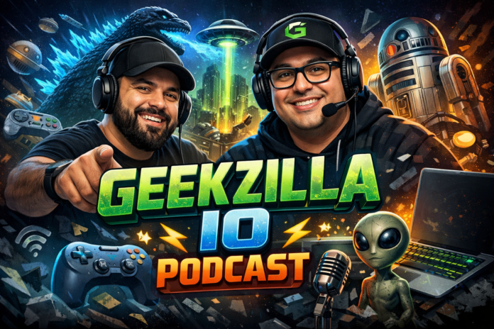 Geekzilla io podcast hosts with gaming and sci-fi theme background