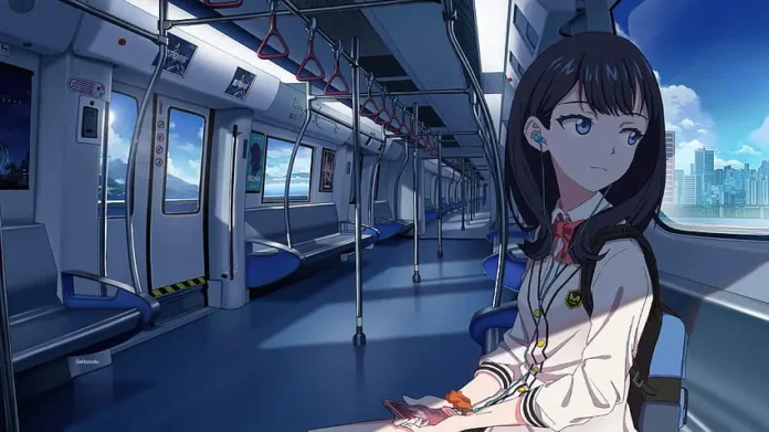 Gelboodu anime girl sitting alone inside a modern subway train