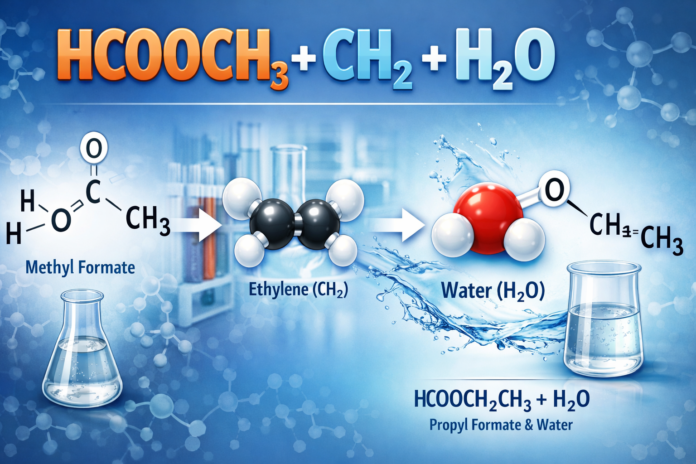 hcooch ch2 h2o chemical reaction diagram with molecular models