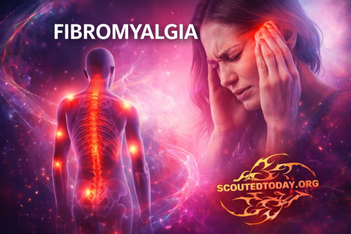 Inomyalgia pain illustration showing glowing spine and headache