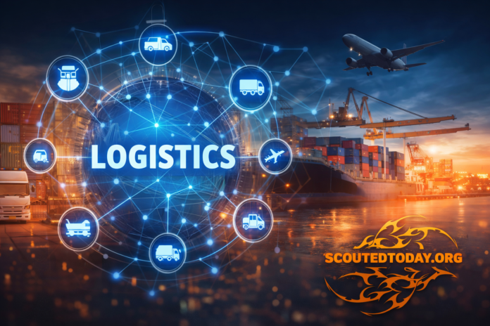 Global logisths network concept with cargo ship, trucks, airplane, and digital transport icons.