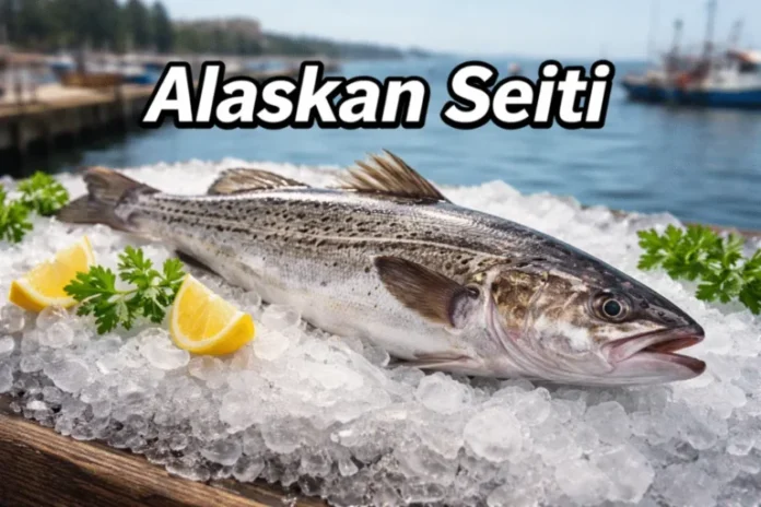 Alaskan Seiti fish displayed on ice with lemon slices by the harbor.