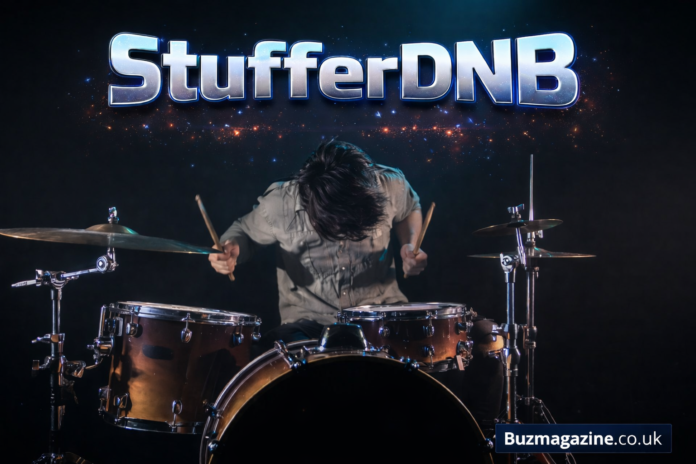 Stufferdnb drummer performing intense drum and bass music