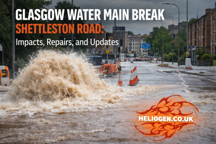 Glasgow water main break flooding Shettleston Road with emergency barriers and road closure