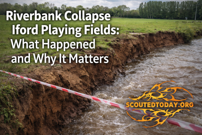 Riverbank collapse at Iford Playing Fields with eroded soil and flowing river