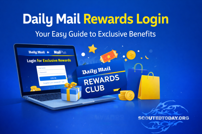 Daily Mail Rewards login guide graphic showing rewards club access and benefits icons